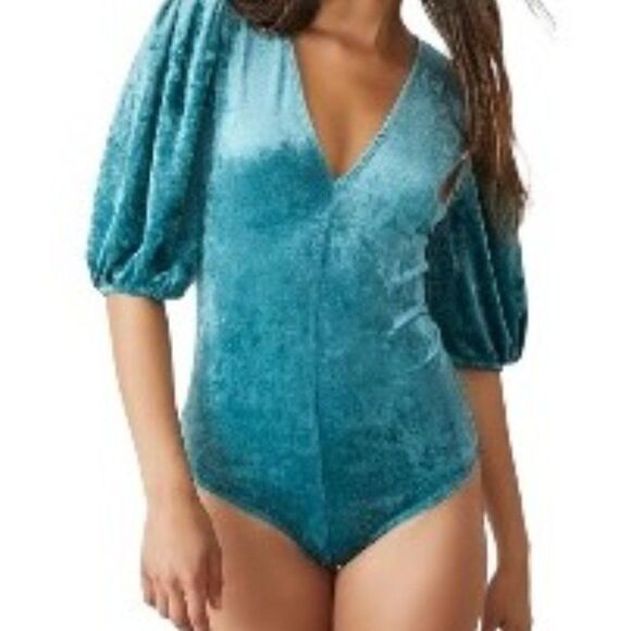 Free People Don't You Wish Velveteen Bodysuit Teal Large NWT - Picture 1 of 3